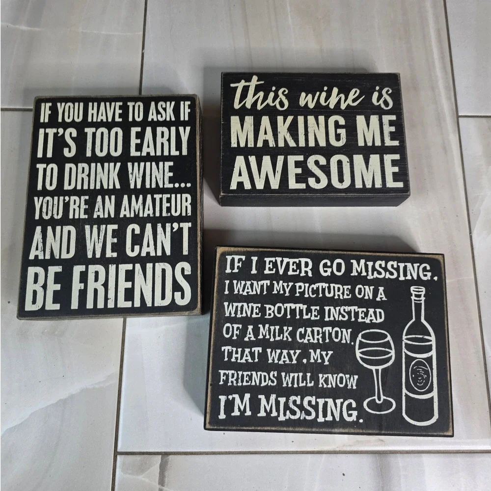 Primitives by Kathy Wine Box Signs Set of 3 Black White Distressed Wood Decor L2